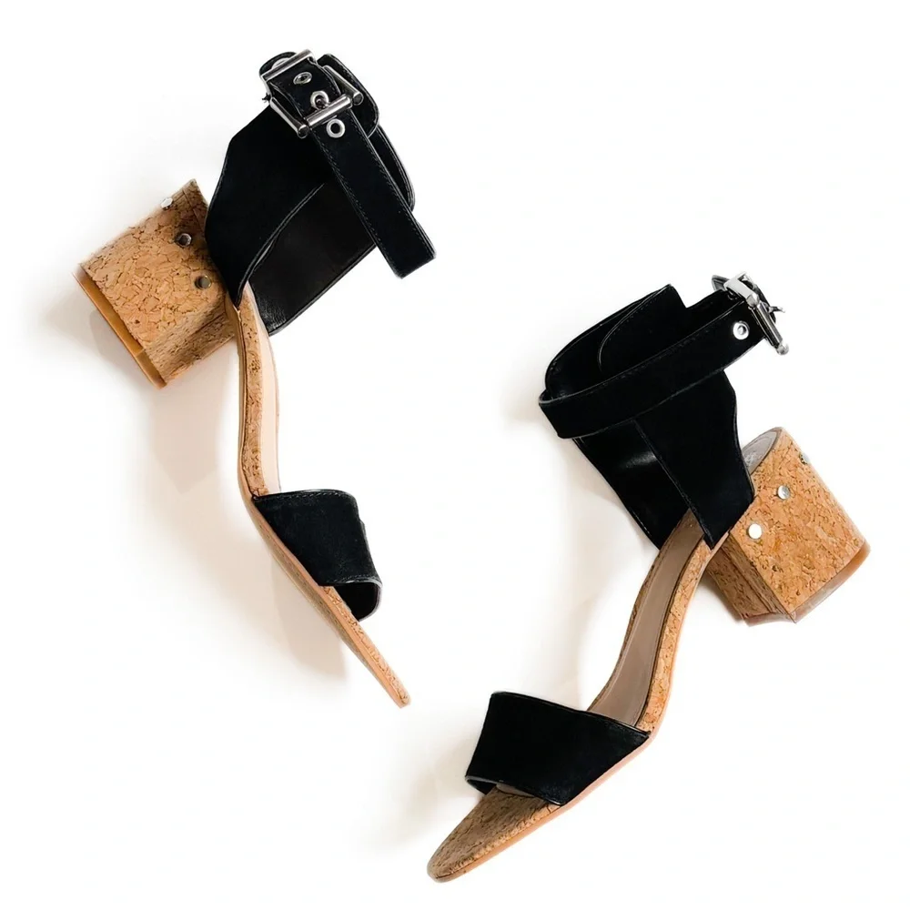 Black Cork Block Heel Sandals - Women's Stylish Ankle Strap